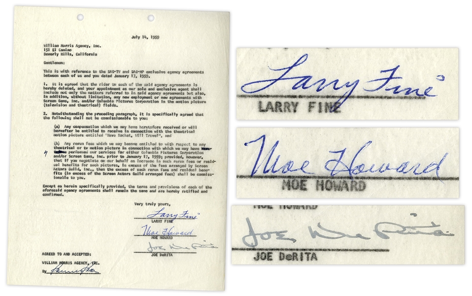 The Three Stooges Signed Agreement With William Morris Agency From July 1959 -- Signed by Moe Howard, Larry Fine & Joe DeRita -- Single Page Measures 8.5'' x 11'' -- Near Fine